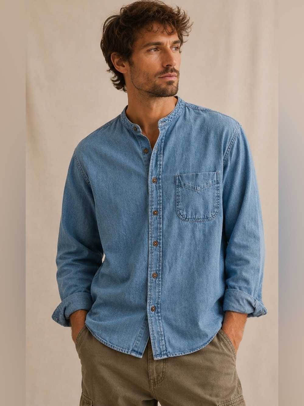 M.J. Soffe Men’s Denim Button-Up Shirt Blue Size Large
